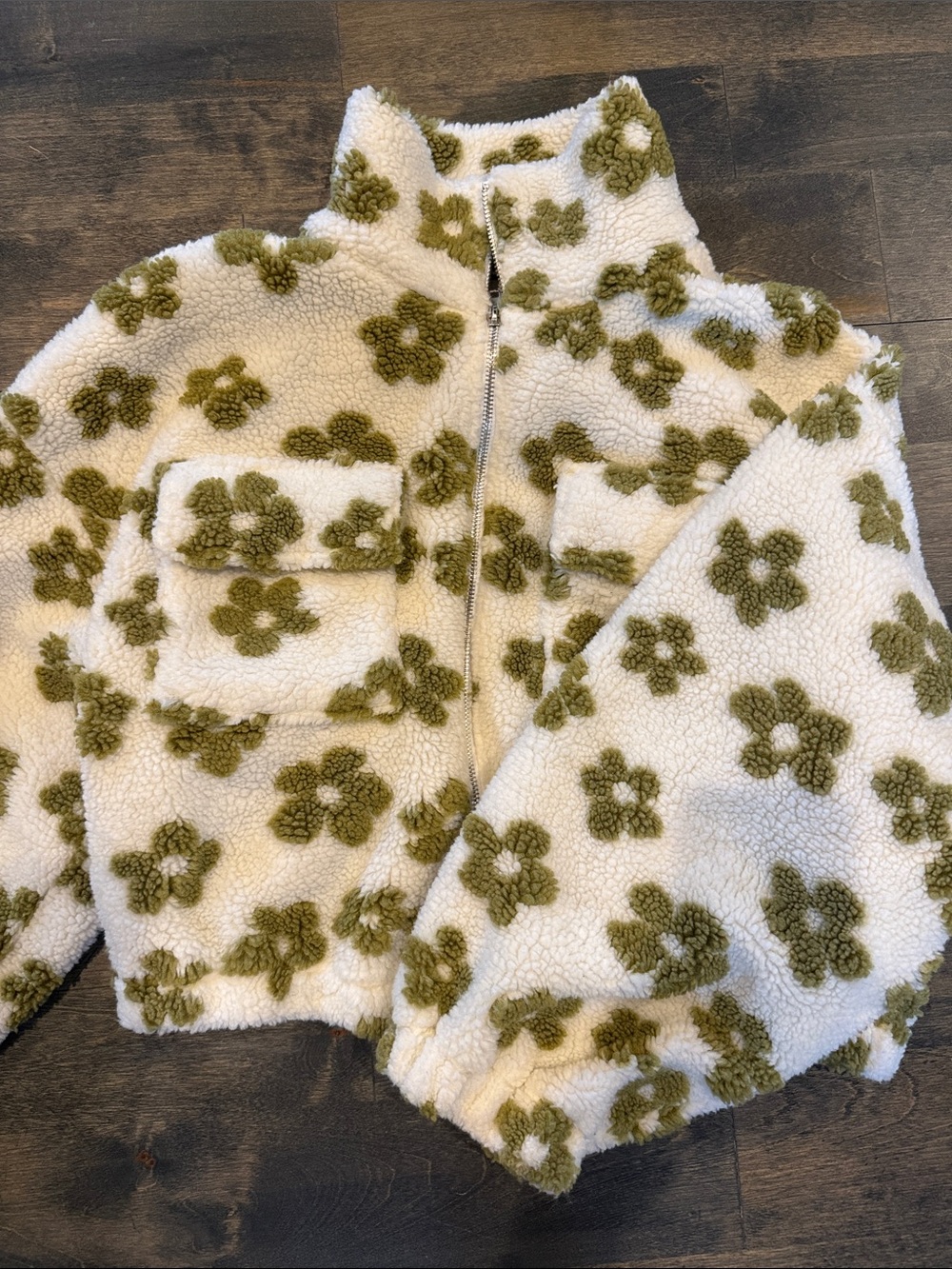Le Lis Womens Cream Sherpa Jacket with Olive Floral Print